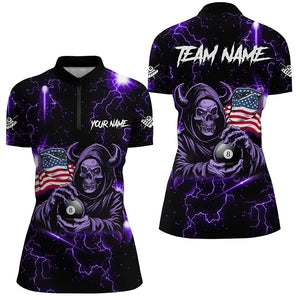 Purple Skull Thunder Lightning US Flag Custom Women Billiard Shirts, Patriotic Billiard Team Jerseys TDM2710