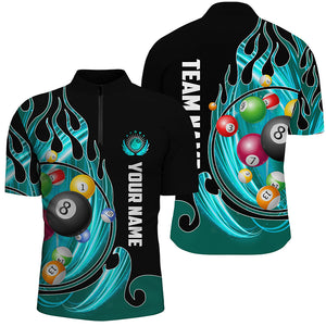 3D Billiard Balls Fire Flame Custom Pool Shirts For Men, Billiard League Team Jerseys | Cyan TDM2720