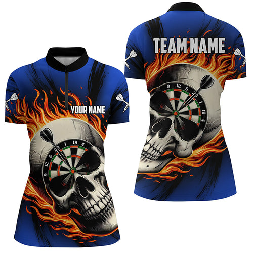 Flaming Dart Skull Women Quarter-Zip Shirts Custom Darts Shirts For Team Dart Jerseys |Blue TDM1219
