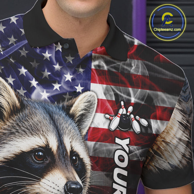 Close Up Of Smoke American Flag Raccoon Bowling Polo Shirt Collar Chest And Button Details
