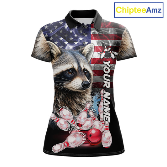 Smoke American Flag Raccoon Bowling Polo Shirt For Women Custom Patriotic Bowling Team Jersey Design