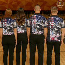 Load image into Gallery viewer, Bowling Team Wearing Smoke American Flag Raccoon Bowling Polo Shirts Back View