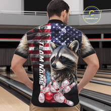 Load image into Gallery viewer, Man Wearing Smoke American Flag Raccoon Bowling Quarter Zip Shirt Back View Patriotic Bowling Team Jersey