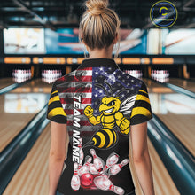 Load image into Gallery viewer, Woman Wearing Smoke American Flag Funny Bee Bowling Polo Shirt Back View Patriotic Bowling Team Jersey