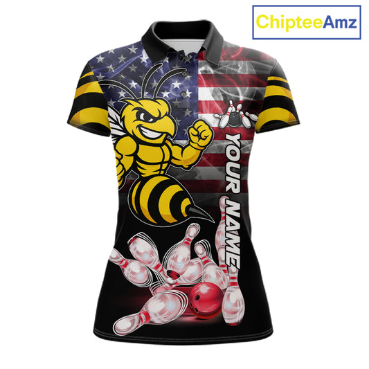 Smoke American Flag Funny Bee Bowling Polo Shirt For Women Custom Patriotic Bowling Team Jersey Design