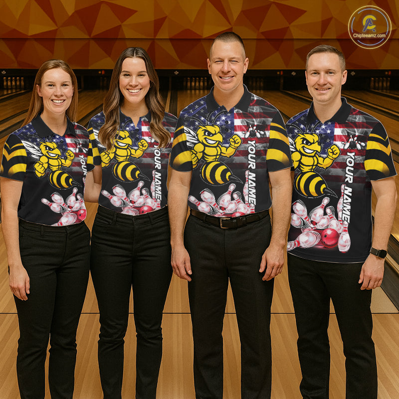 Bowling Team Wearing Smoke American Flag Funny Bee Bowling Polo Shirts Front View