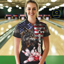 Load image into Gallery viewer, Woman Wearing Smoke American Flag Wolf Bowling Polo Shirt Front View Custom Patriotic Bowling Jersey
