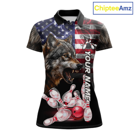 Smoke American Flag Wolf Bowling Polo Shirt For Women Custom Patriotic Bowling Team Jersey Design