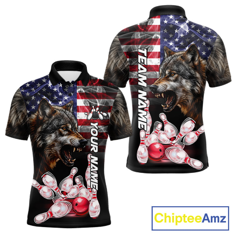 Smoke American Flag Wolf Bowling Custom Polo Shirt For Men Patriotic Bowling League Team Jersey