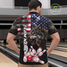 Load image into Gallery viewer, Man Wearing Smoke American Flag Wolf Bowling Quarter Zip Shirt Back View Patriotic Bowling Team Jersey