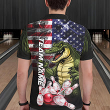 Load image into Gallery viewer, Man Wearing Smoke American Alligator Bowling Polo Shirt Back View Patriotic Bowling Team Jersey