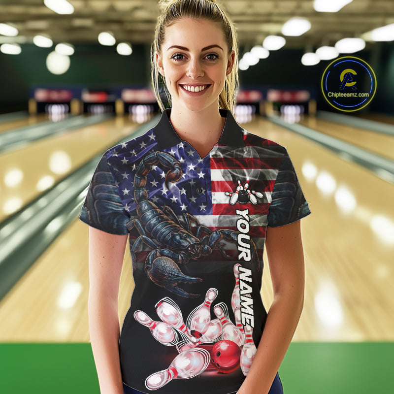 Woman Wearing Smoke American Flag Scorpion Bowling Polo Shirt Front View Custom Patriotic Bowling Jersey