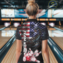 Load image into Gallery viewer, Woman Wearing Smoke American Flag Scorpion Bowling Polo Shirt Back View Patriotic Bowling Team Jersey