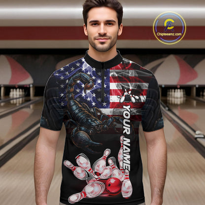 Man Wearing Smoke American Flag Scorpion Bowling Quarter Zip Shirt Front View Custom Bowling Jersey