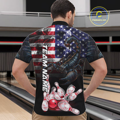 Man Wearing Smoke American Flag Scorpion Bowling Quarter Zip Shirt Back View Patriotic Bowling Team Jersey
