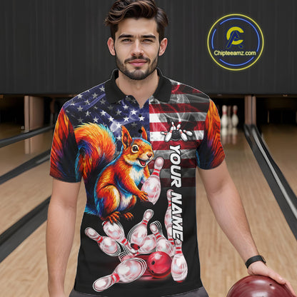 Man Wearing Smoke American Flag Squirrel Bowling Polo Shirt Front View Custom Patriotic Bowling Jersey