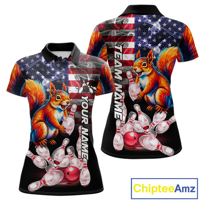 Smoke American Flag Squirrel Bowling Custom Polo Shirt For Women Patriotic Bowling League Team Jersey