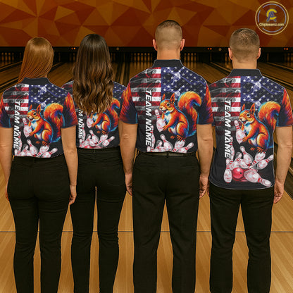 Bowling Team Wearing Smoke American Flag Squirrel Bowling Polo Shirts Back View
