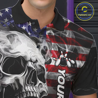 Close Up Of Smoke American Flag Skull Bowling Polo Shirt Collar Chest And Button Details