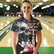Load image into Gallery viewer, 4. Woman Wearing Smoke American Flag Skull Bowling Polo Shirt Front View Custom Patriotic Bowling Jersey
