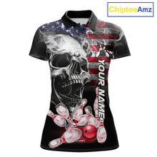 Load image into Gallery viewer, 1. Smoke American Flag Skull Bowling Polo Shirt For Women Custom Patriotic Bowling Team Jersey Design