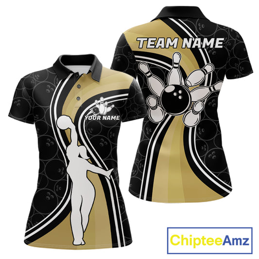 Black And Gold Retro Bowling Polo Shirt For Women Custom Bowling Team Jersey Design