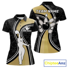 Load image into Gallery viewer, Black And Gold Retro Bowling Polo Shirt For Women Custom Bowling Team Jersey Design