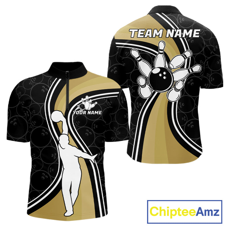 Black And Gold Retro Bowling Quarter Zip Shirt For Men Custom Bowling Team Jersey
