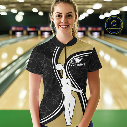 Woman Wearing Black And Gold Retro Bowling Quarter Zip Shirt Front View Custom Bowling Jersey