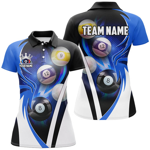 Personalized Billiard Tournament Shirts For Women Custom Team Name Billiard Balls Pool Jerseys | Blue TDM2470