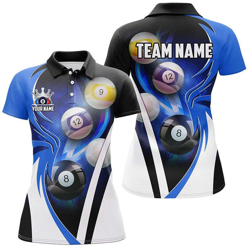 Personalized Billiard Tournament Shirts For Women Custom Team Name Billiard Balls Pool Jerseys | Blue TDM2470