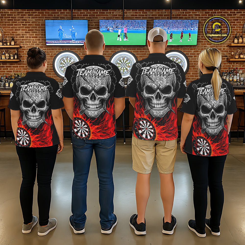 Black And Red Flaming Skull Darts Shirt For Men Custom Darts League Jersey Team Polo & 1/4 Zip TDM5435