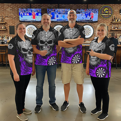 Black And Purple Flaming Skull Darts Shirt For Women Custom Darts League Jersey Team Polo & 1/4 Zip TDM5437