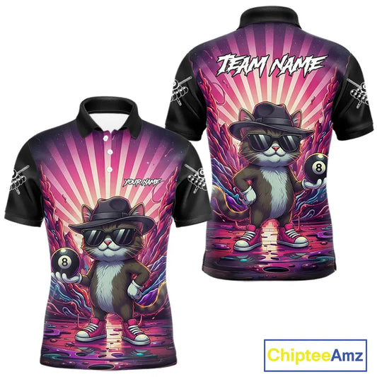 Funny Cat 8 Ball Billiard Shirt For Men Custom Neon Graffiti Billiard Jersey Team Polo & 1/4 Zip TDM5444