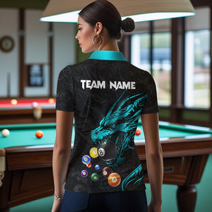 Personalized Blue Cyan Black Dragon Billiard Balls Pool Shirt For Women, Billiard League Team Jersey TDM3415