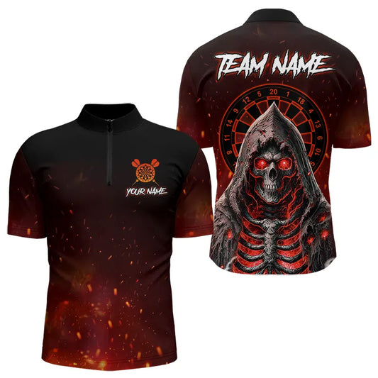 Red And Black Glowing Fire Grim Reaper Dart Shirts For Men Custom Dart Jerseys Polo & 1/4 Zip TDM3712