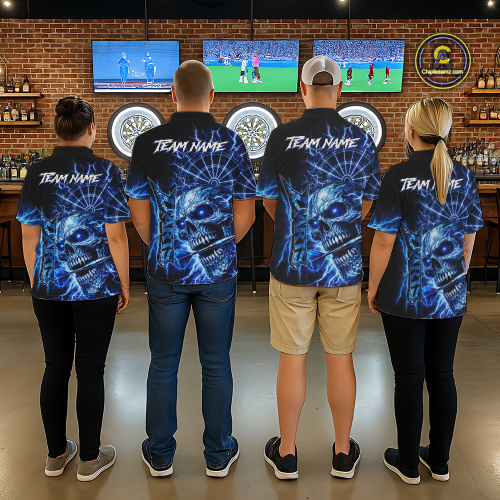 Blue Darts Skull Polo & Quarter Zip Shirt For Men Custom Thunder Lighting Darts Team Jersey TDM6061