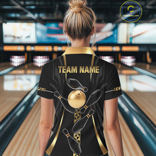 Load image into Gallery viewer, Custom Black And Gold Bowling Shirt For Women, Bowling Tournament Team Jersey Polo &amp; 1/4 Zip TDM6318