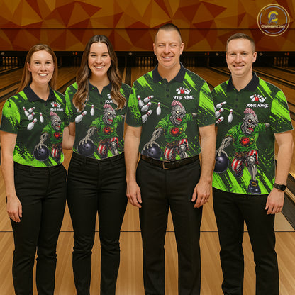 Custom Green Funny Zombie Bowling Shirt For Women, Bowling Team League Jersey Polo & Quarter Zip TDM6498