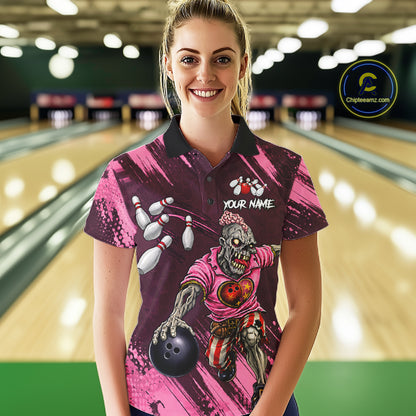 Custom Pink Funny Zombie Bowling Shirt For Women, Bowling Team League Jersey Polo & Quarter Zip TDM6500