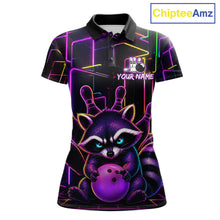 Load image into Gallery viewer, Funny purple neon raccoon bowling polo shirt for women with custom bowling team graphics.