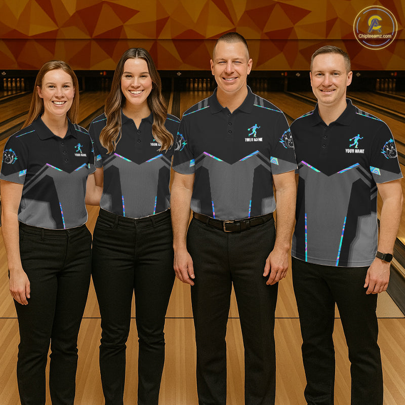 Bowling team wearing matching holographic bowling jerseys during league matches front view.
