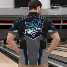 Load image into Gallery viewer, Back view of man wearing a holographic bowling quarter zip shirt in a bowling alley.