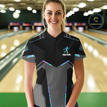Load image into Gallery viewer, Woman wearing a holographic bowling quarter zip jersey during tournament competition front view.