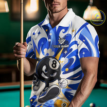 Load image into Gallery viewer, Man wearing blue funny 8 ball pool graffiti billiard team jersey polo shirt featuring colorful graffiti artwork, front view.