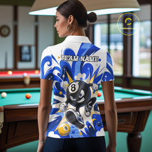 Load image into Gallery viewer, Woman wearing red funny 8 ball pool graffiti billiard team jersey polo shirt featuring colorful graffiti artwork, back view.