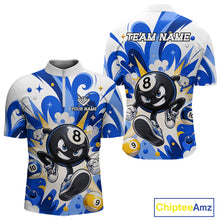 Load image into Gallery viewer, Blue funny 8 ball pool graffiti billiard team jersey quarter zip shirt for men featuring bold graffiti graphics, premium custom billiard league apparel for tournament play.