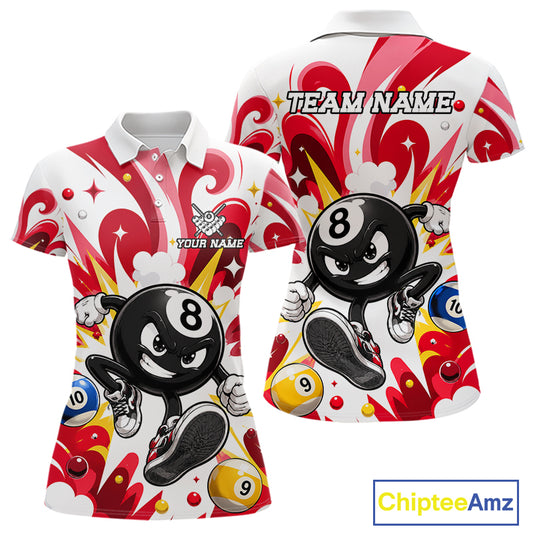 Red funny 8 ball pool graffiti billiard team jersey polo shirt for women featuring colorful graffiti artwork, premium custom pool league apparel for tournaments, league matches and competitive billiard players.