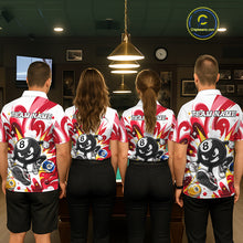 Load image into Gallery viewer, Billiard team wearing matching red funny 8 ball pool graffiti team jerseys featuring vibrant street art graphics, back view.