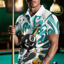 Load image into Gallery viewer, Man wearing teal funny 8 ball pool graffiti billiard team jersey polo shirt featuring colorful graffiti artwork, front view.